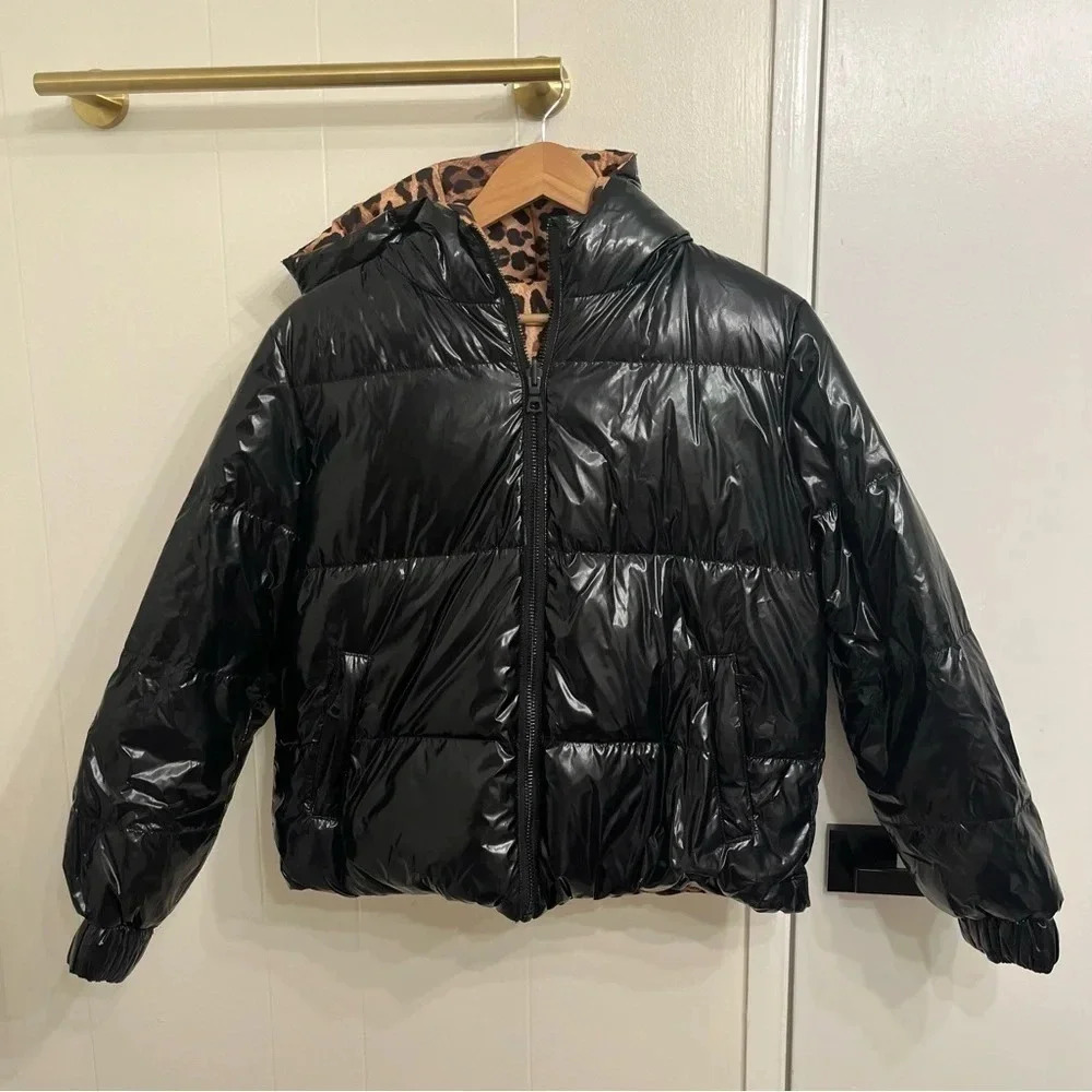 Alice + Olivia Durham black leopard print reversible puffer jacket size small - Picture 2 of 14